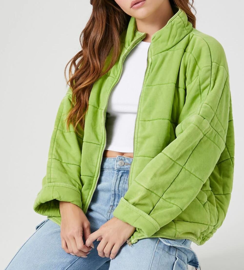 Forever 21 Chartreuse Lime Avocado Green Quilted Jacket M Medium Oversized